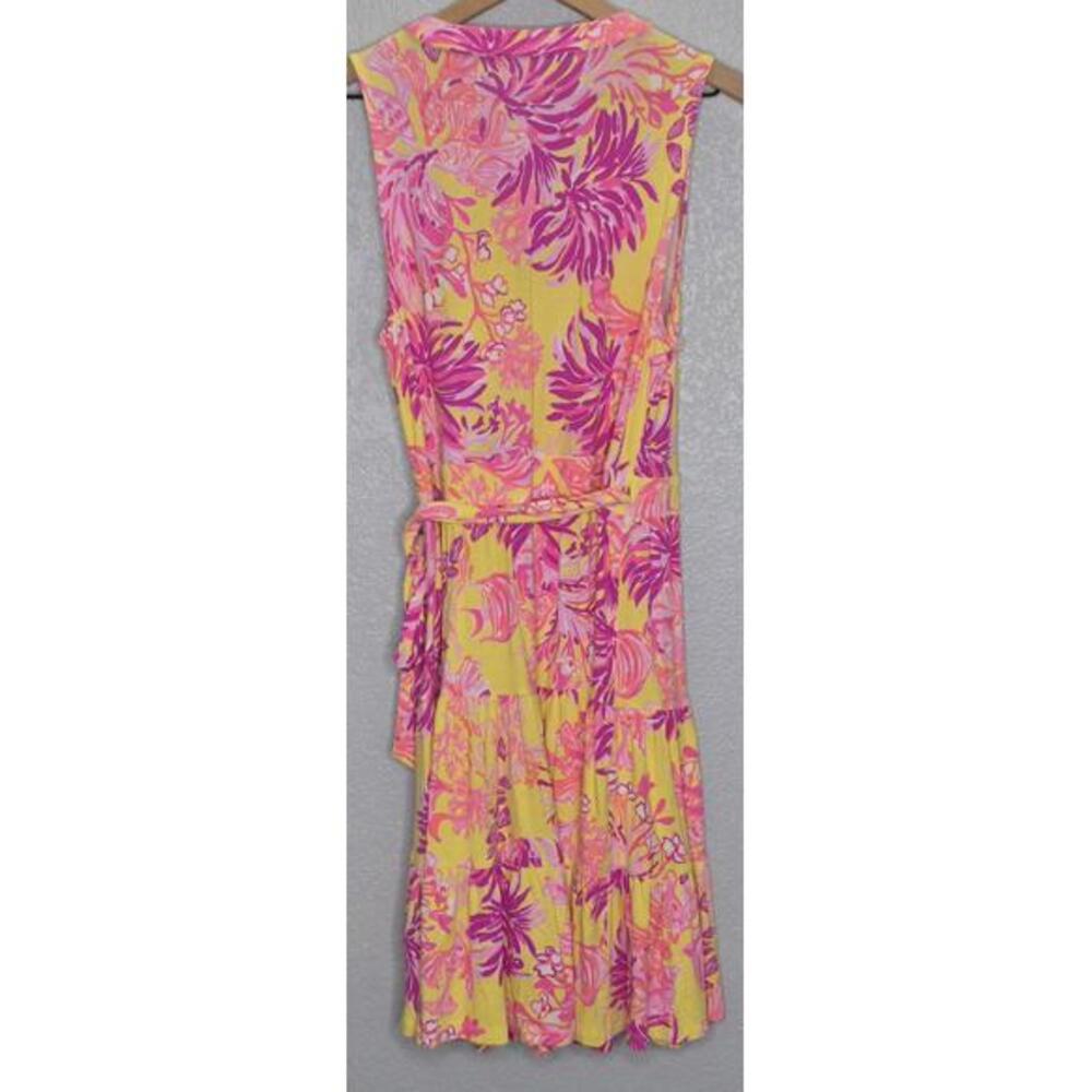 Lilly Pulitzer Folly Floral Wrap Dress Calla Yellow Floral Coral Medium - Picture 3 of 8